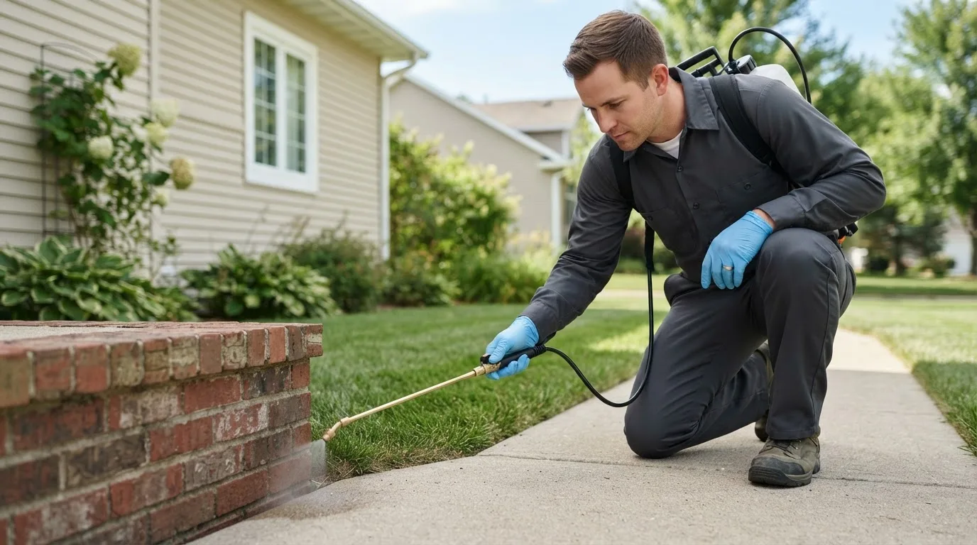 Pest control technician treating a home near Hughes Springs, TX